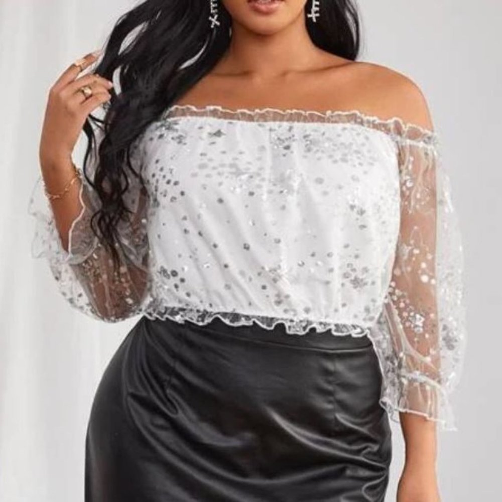 SHEIN | Sequin Panel Bardot Mesh Top, Size XL